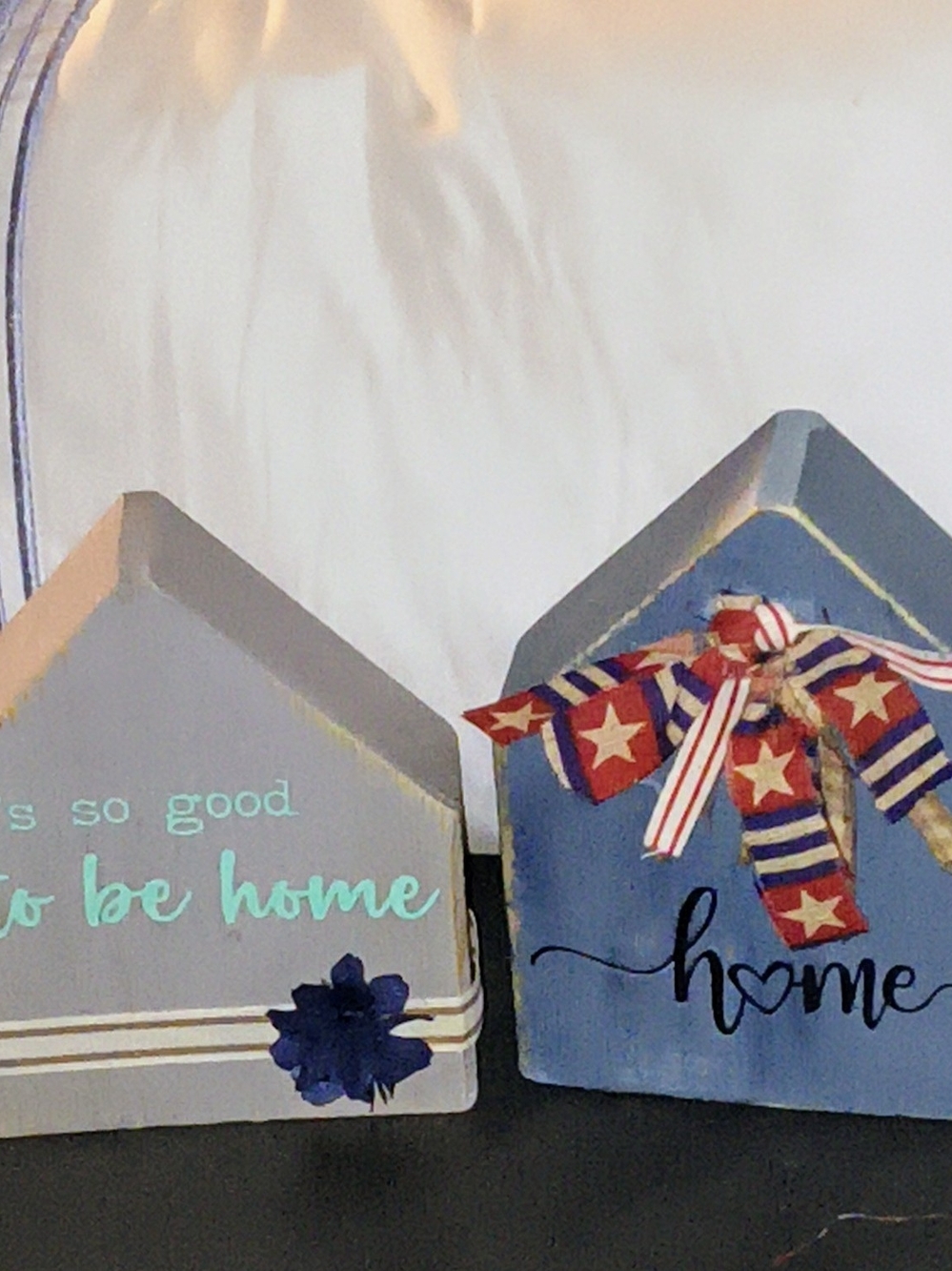 Blue Wooden Home Accent Blocks with Patriotic Ribbon
